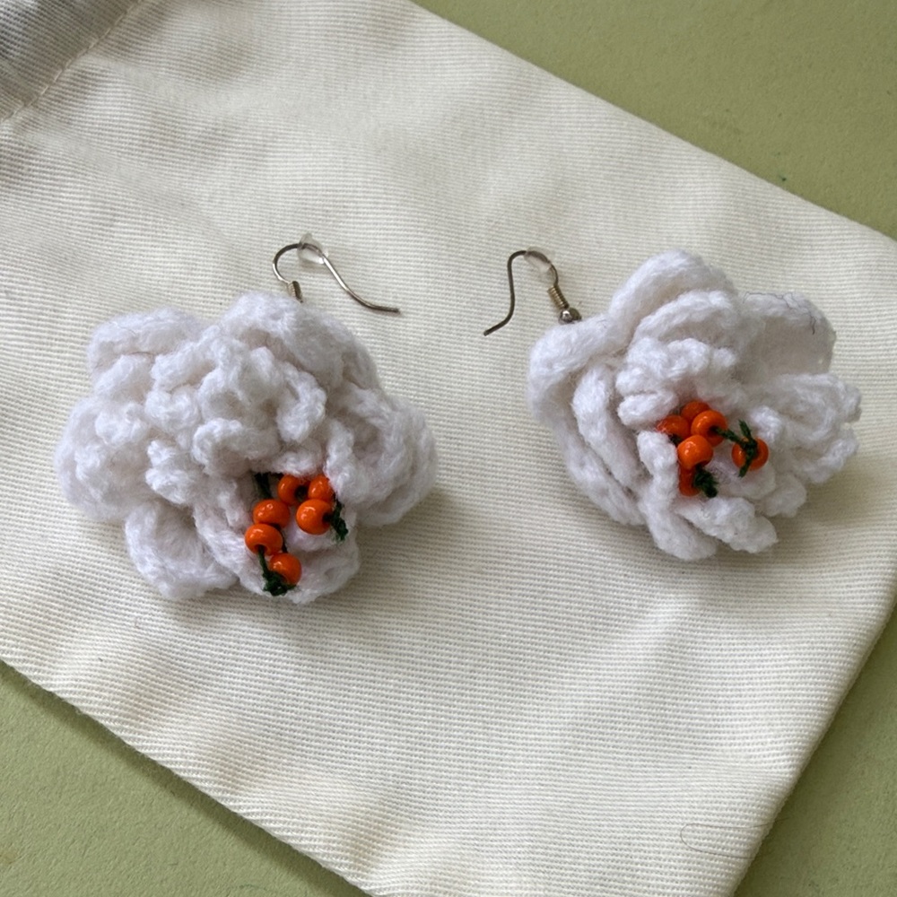 Unique White and Orange Crochet Flower Earrings